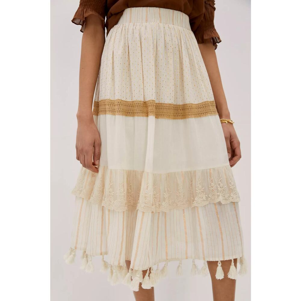 Anthropologie Skirt Womens Small NWT Midi Raga Raffaella Tasseled Boho Tan Cream - Picture 1 of 10